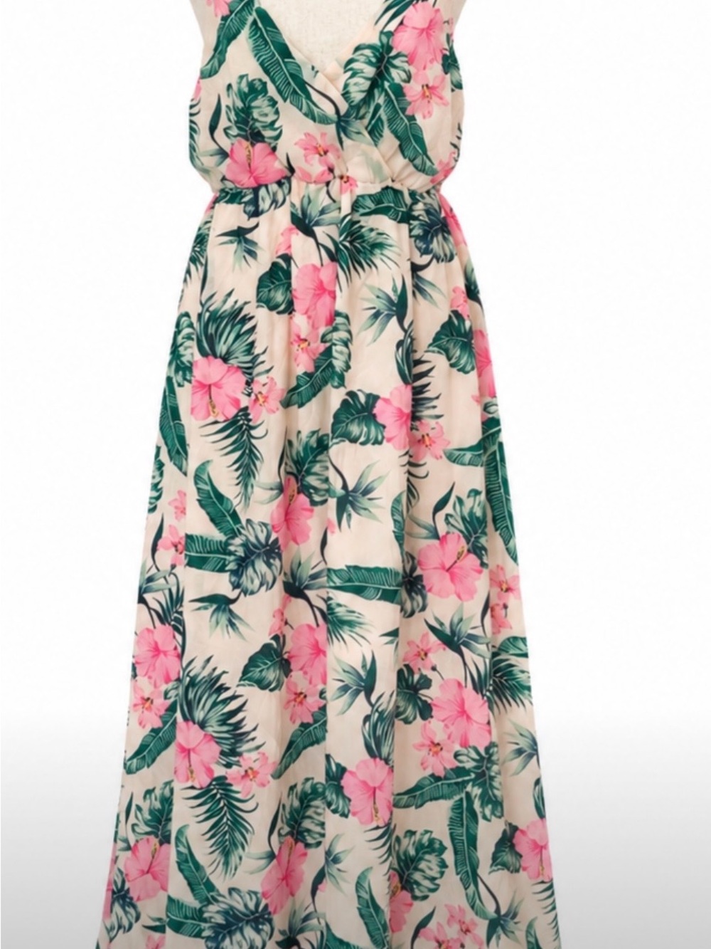Tropical Floral Maxi Dress Pink Palm Smocked Back XL Coastal Romantic Vacation
